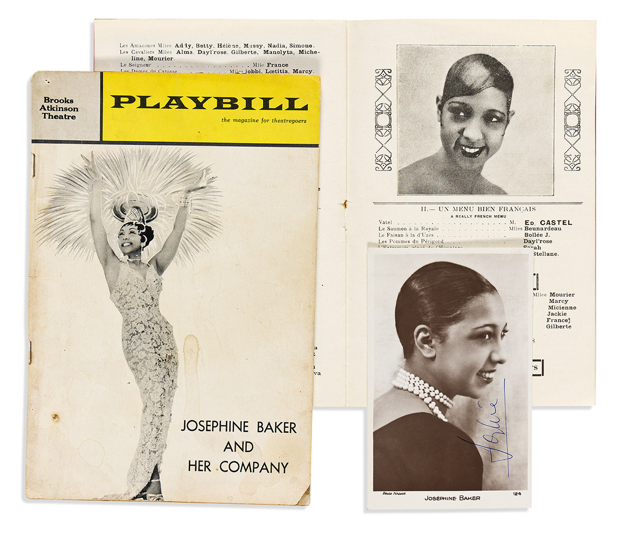 (ENTERTAINMENT.) Josephine Baker group: early Paris program with her image inside, signed photo postcard, and Playbill.